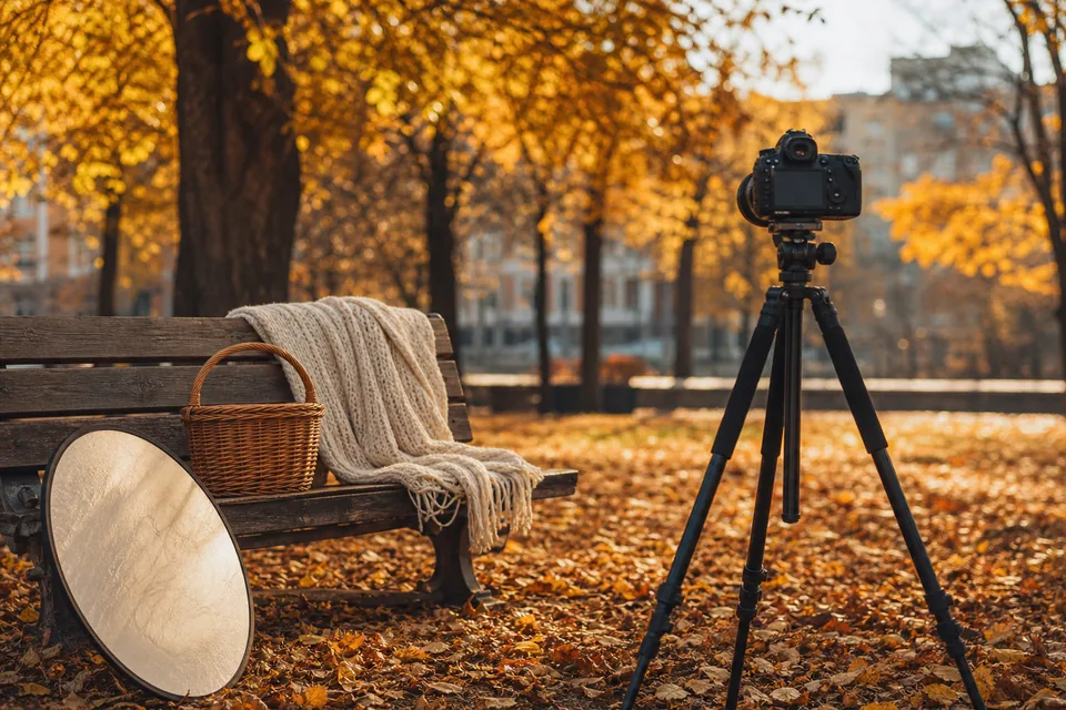 Ławka w jesiennym parku z kocem, koszem wiklinowym i aparatem fotograficznym na statywie w złotym świetle