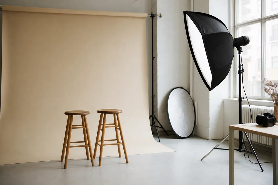 Puste jasne studio fotograficzne z dwoma stołkami przed beżowym tłem i lampą z softboksem